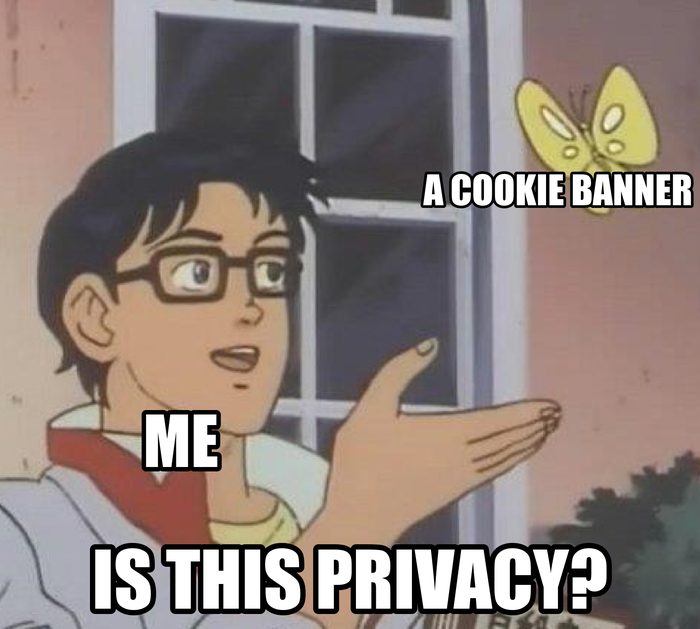 Is this a pigeon meme: me, pointing at a cookie banner, asking: is this privacy?